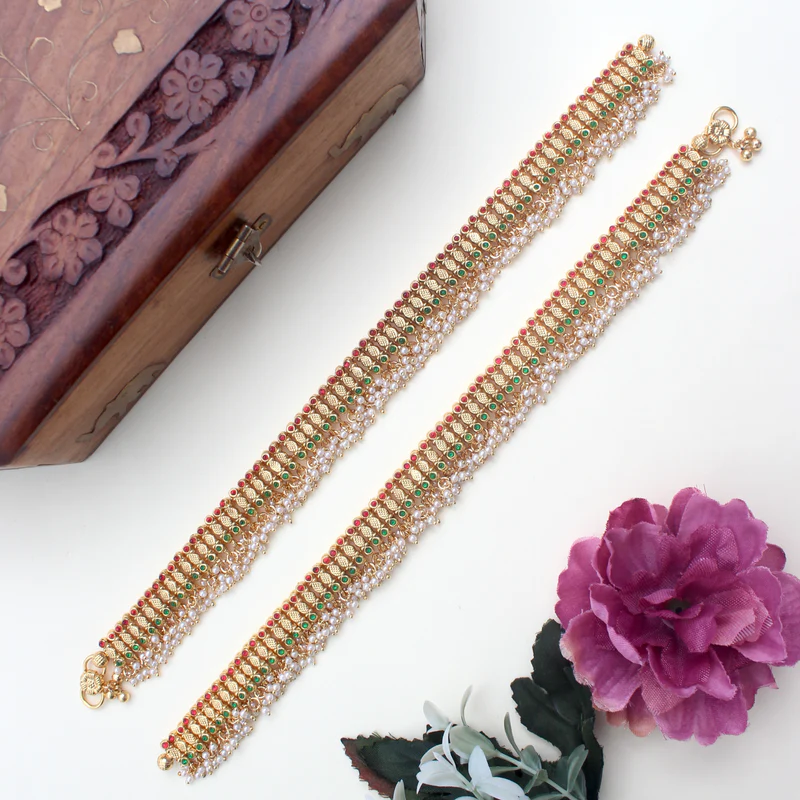 Antique Gold Heavy Pearl Ghungroo Kemp Bridal Anklets